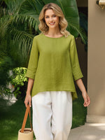 Linen Round Neck Asymmetrical Hem Top