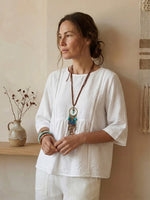 Women's Solid-color Cotton-linen Casual Mid-sleeve Shirt With Lace Cutout Details