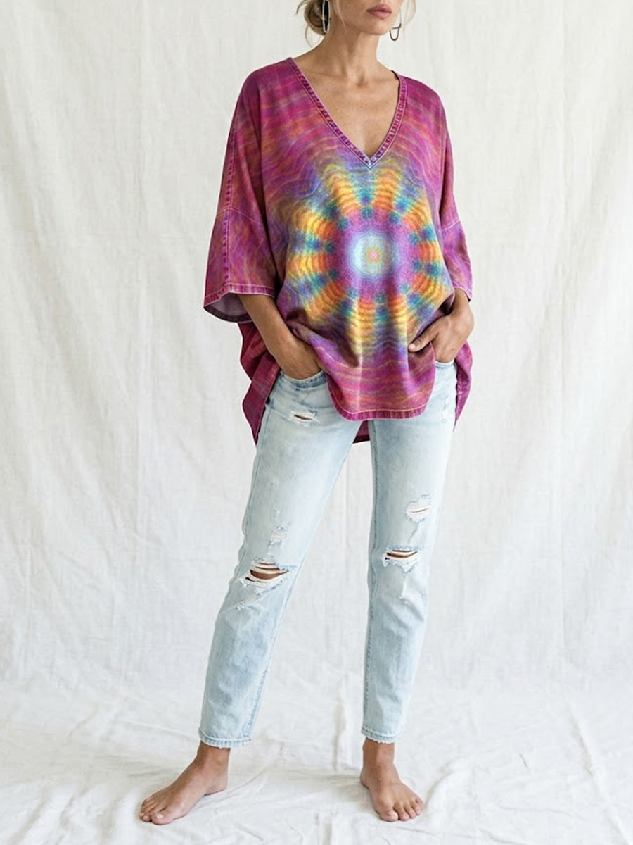 Boho Chic Tie-Dye Denim Poncho Top