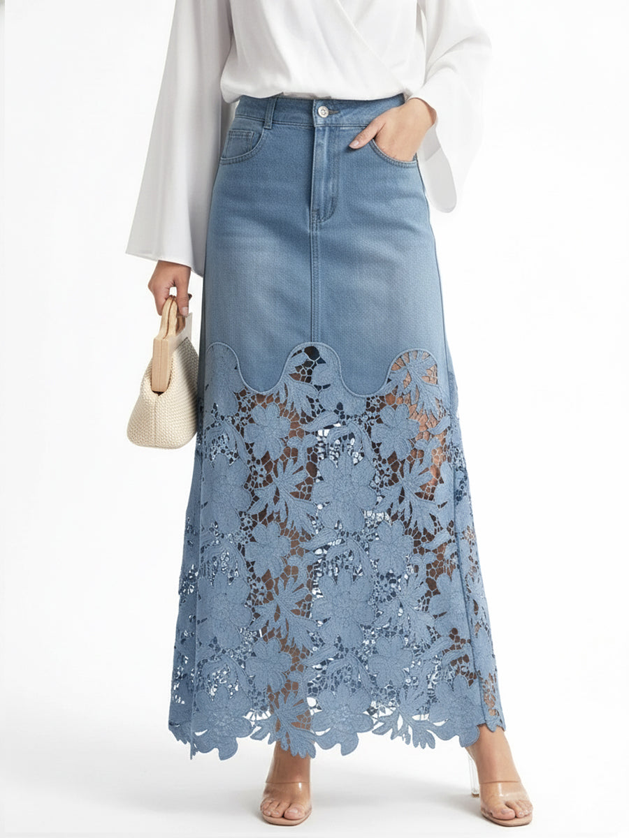 Floral Blue Denim Skirt Spring Lace Skirt for Women