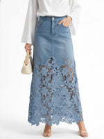 Floral Blue Denim Skirt Spring Lace Skirt for Women