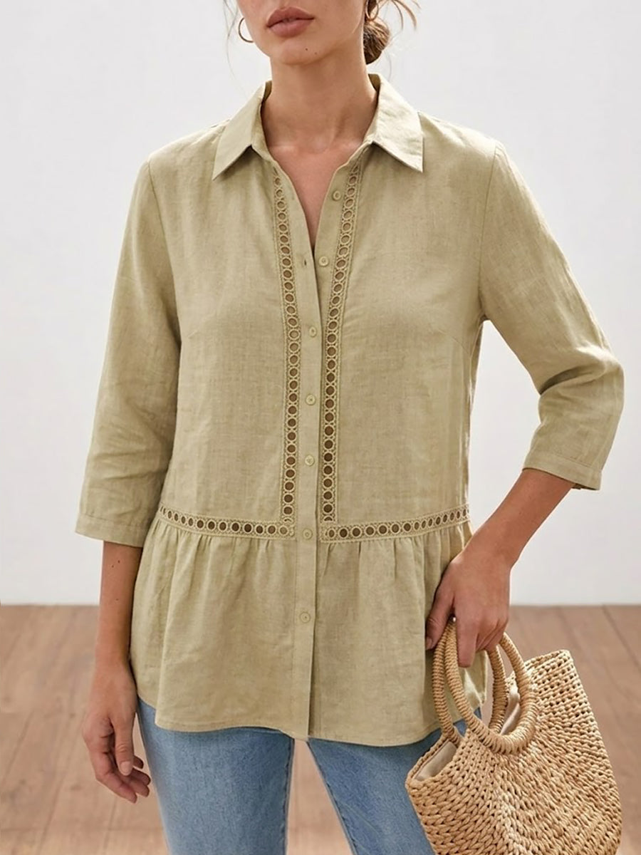 Womens Casual Patchwork Openwork Webbing Linen And Cotton Shirt