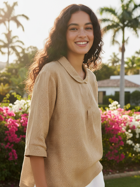 Linen Shawl V-Neck Half Sleeve Top Sand / S