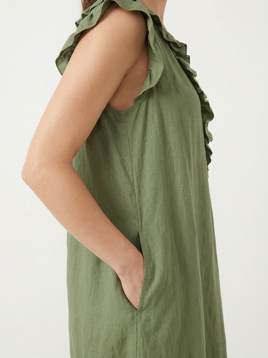 Women's Solid Color Ruffled Art Casual Fashion Cozy Cotton Linen Dress