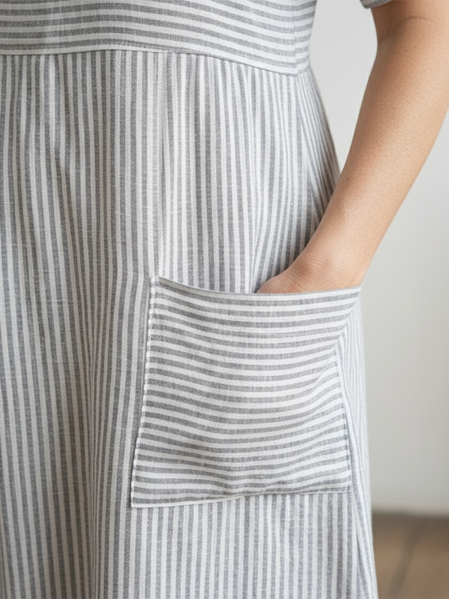 Womens Linen Pinstripe Paneled Short-Sleeved Dress