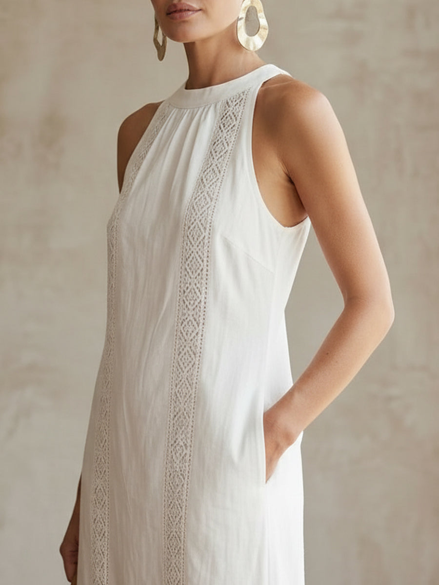 Retro Cozy Lace Linen Dress Spring White Dresses for Women