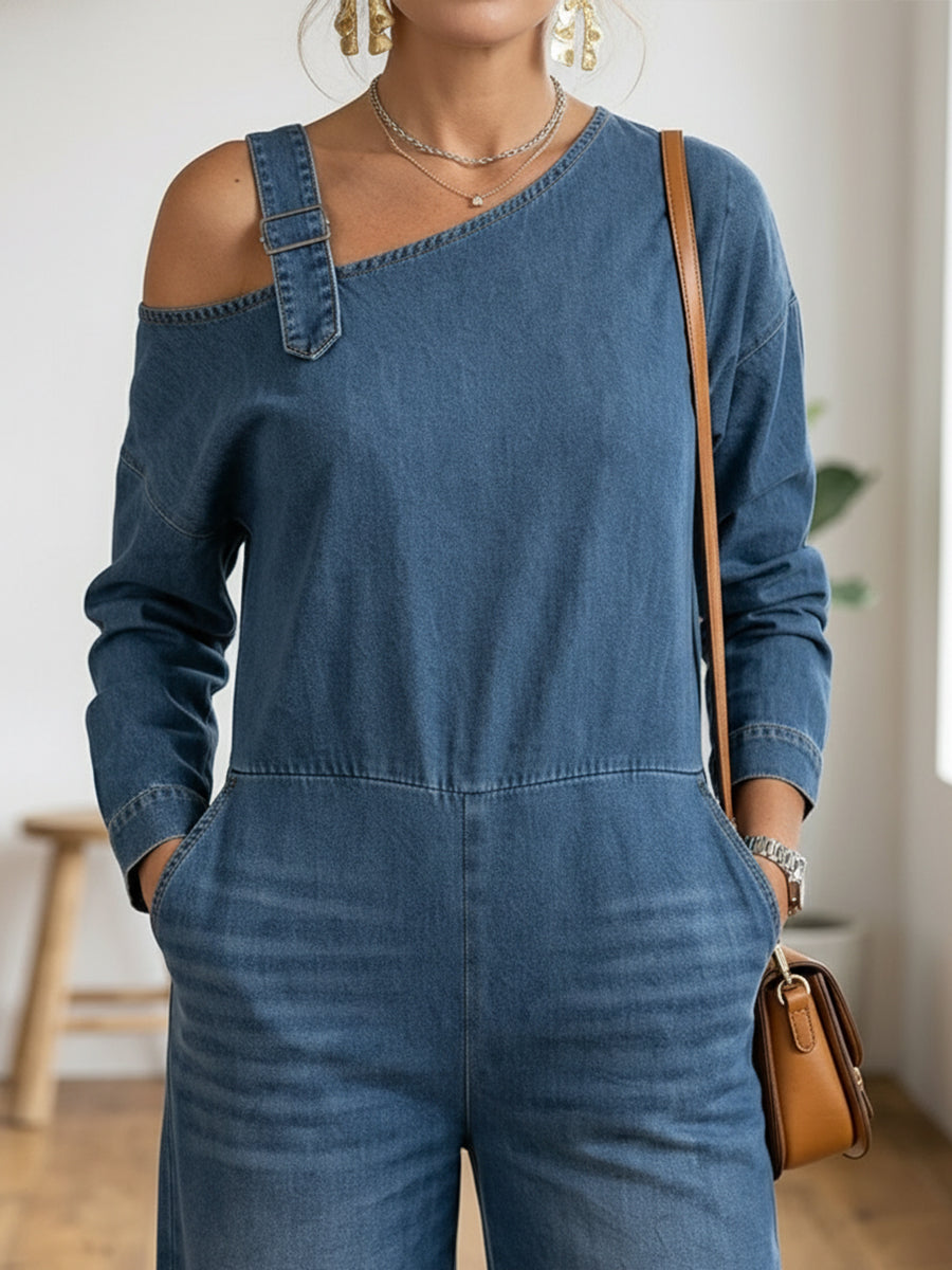 Women's Fashionable Off-the-shoulder Denim Jumpsuit