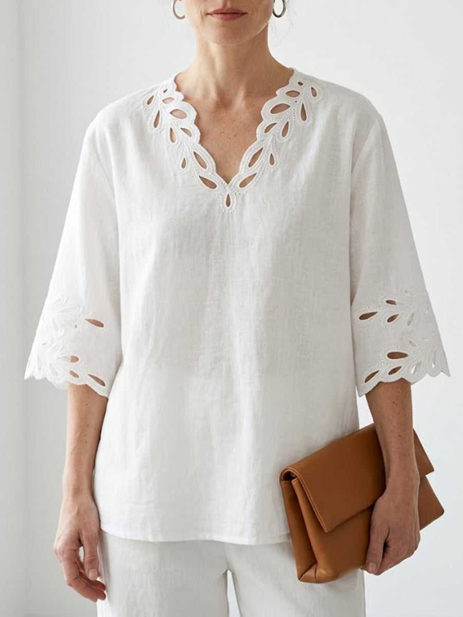 Linen Blouse for Women Embroidered V-Neck Loose Fit Breathable Summer Top