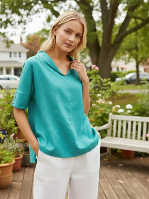 Linen V-Neck Short Sleeve Shirt Mint / S