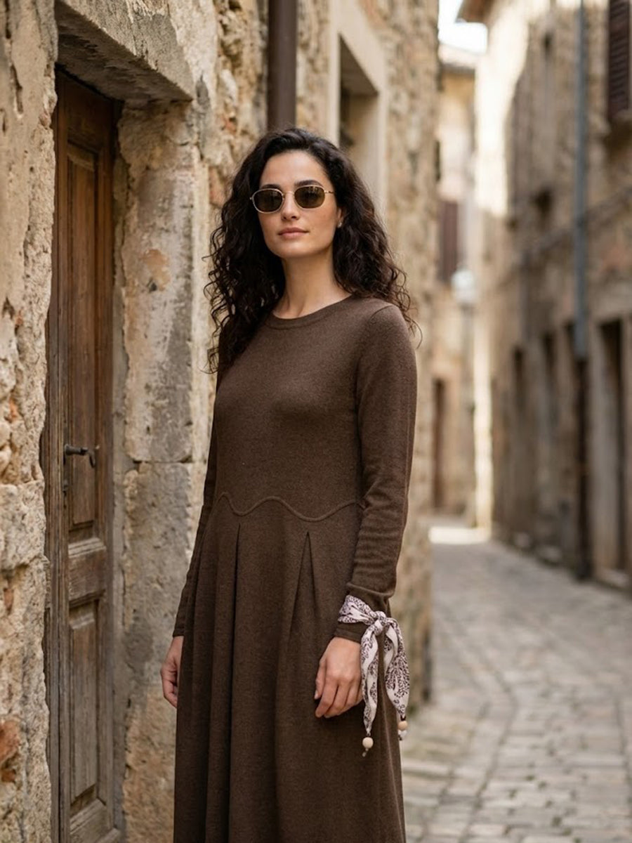 Wool Arc-Panel Sculpted Pleats Maxi Dress