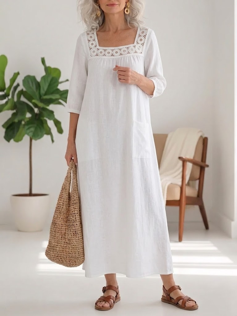 Loose-fit Casual Plaid Linen And Cotton Dress