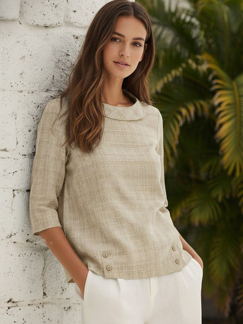 Linen Gingham Checked Round Soft-Fold Collar Top WillowCream / 2XL