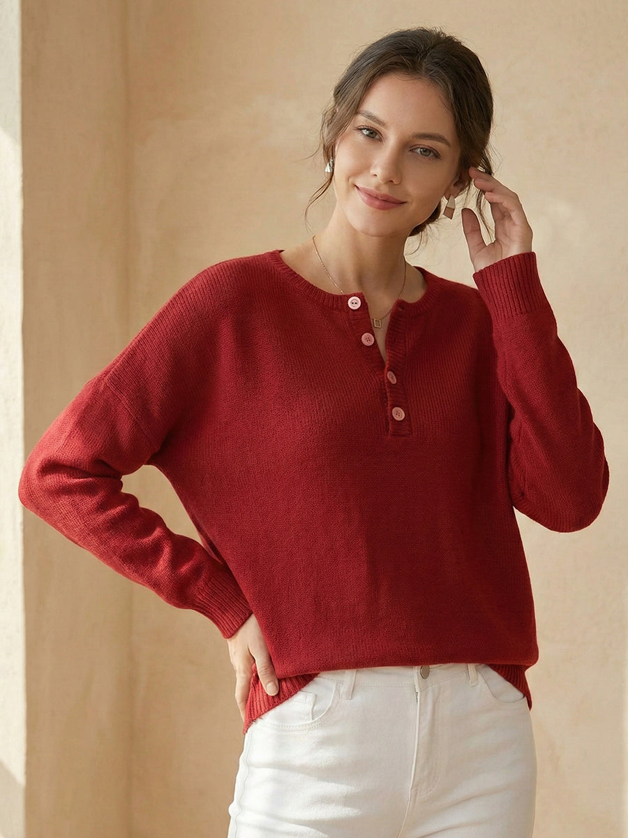 Women's Soft Solid Color Henley CollarSweater Top