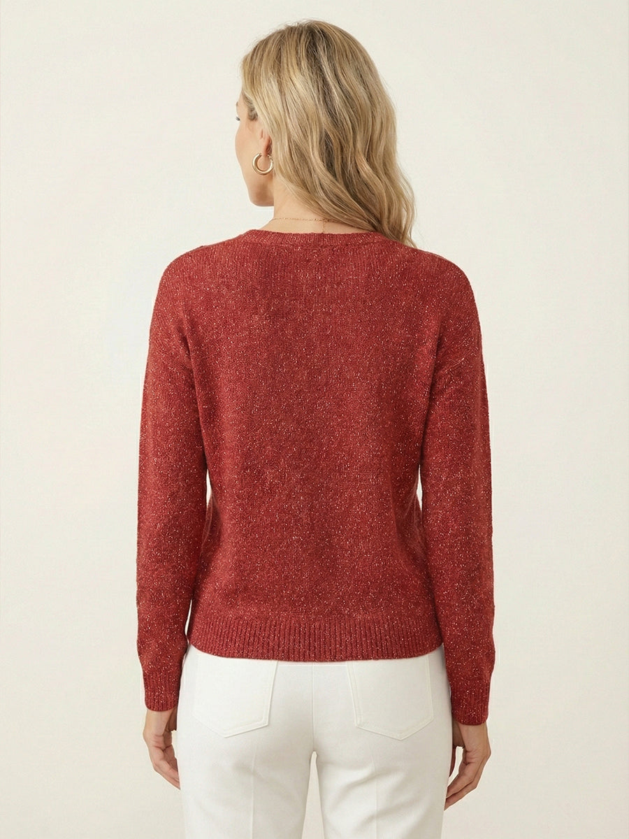 Women's Shiny Henley Neck Solid Color Sweater Top