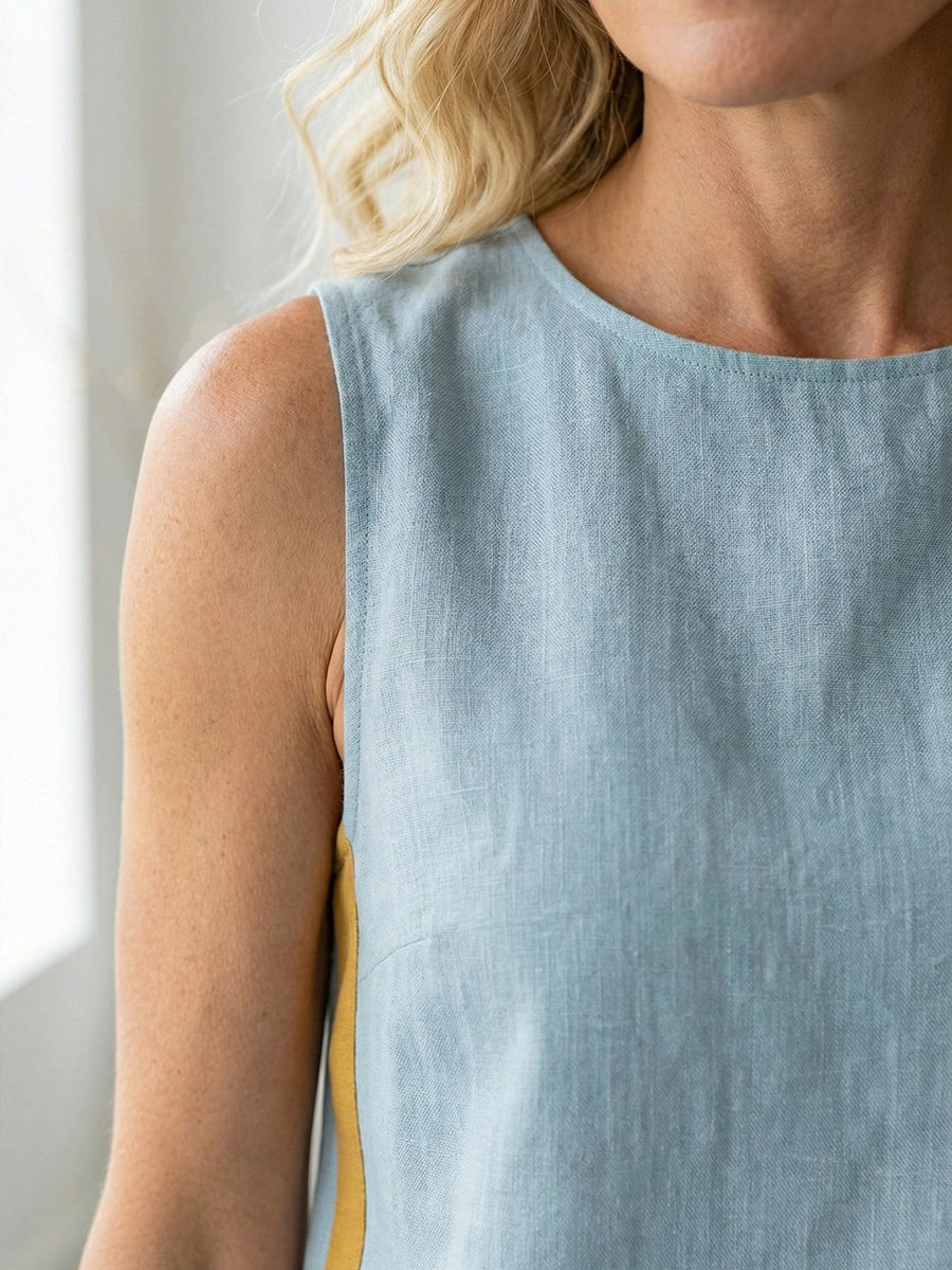 Women's Round Neck Sleeveless Casual Loose Top And High-waisted Loose Wide-leg Pants Cotton And Linen Set