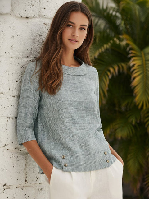 Linen Gingham Checked Round Soft-Fold Collar Top FogGreyPlaid / L