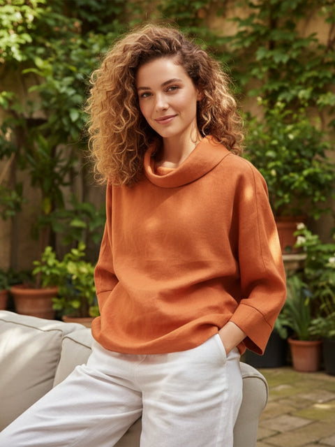 Linen Dropped Collar Long-Sleeve Top Orange / S