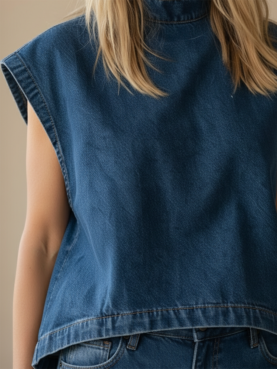 Women's Stand-collar Sleeveless Casual Loose Top And High-waisted Loose Wide-leg Denim Pants Set