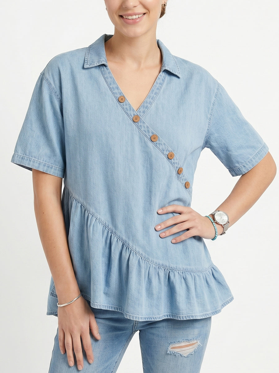 Women's Vintage Casual Ruffles Denim Short Sleeve Shirt