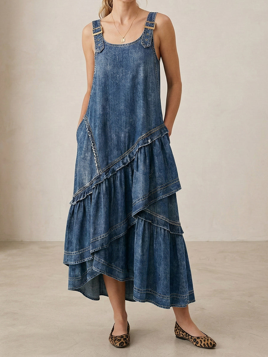Women's Fashion Design Sleeveless Multi-layered Ruffled Strap Dress