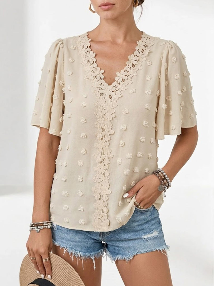 Stylish & Elegant V-neck Swiss Dot Blouse With Lace Trim — Short-sleeve Casual Top