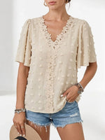 Stylish & Elegant V-neck Swiss Dot Blouse With Lace Trim — Short-sleeve Casual Top