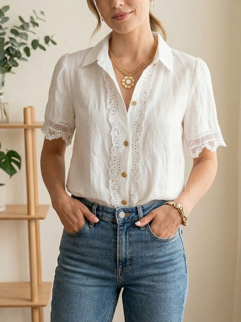 Women's Loose-fit Lace-trimmed Cotton-linen Short-sleeve Casual Shirt