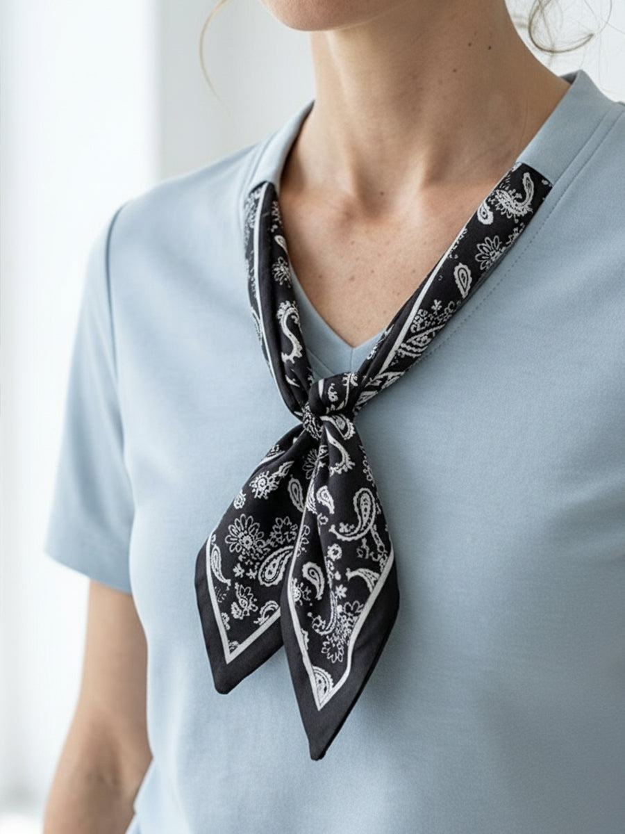 Women’s 100% Cotton T-Shirt with Scarf Detail Elegant Casual Summer Top, Soft Breathable Short Sleeve Blouse