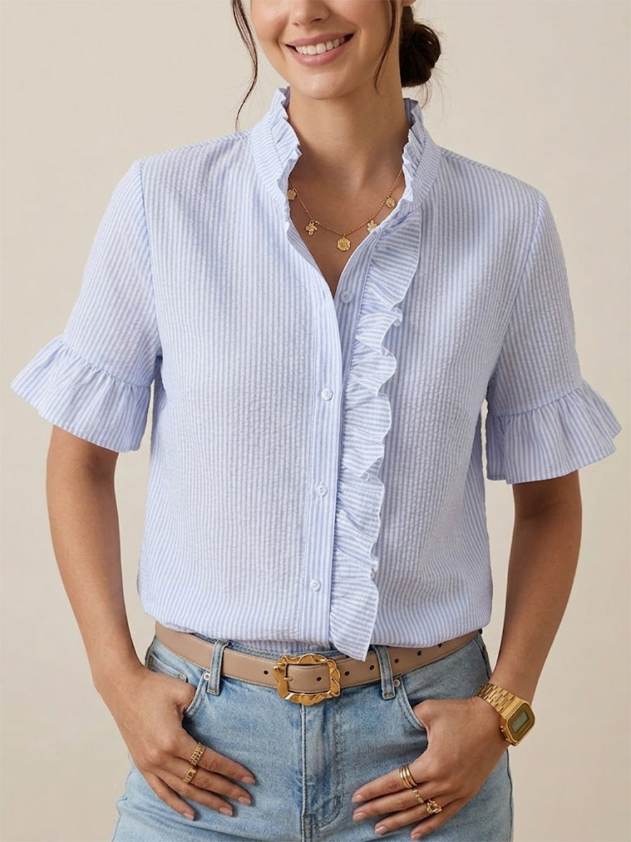 Vertical-striped Seersucker Short-sleeve Shirt With Ruffled Details