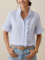 Vertical-striped Seersucker Short-sleeve Shirt With Ruffled Details