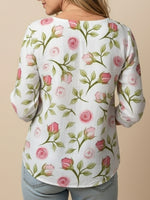 Women's Floral Pattern White Long Sleeve Linen shirt