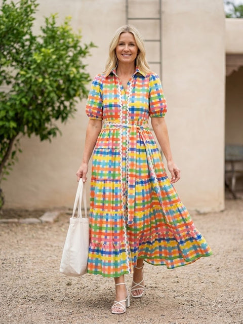 Colorful Square Art Print Collared Shirt Dress