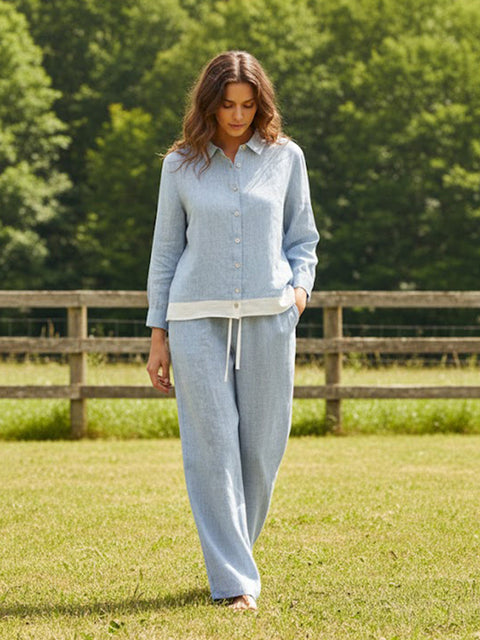 Linen Buttoned Closure Color-Blocked Set