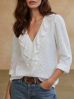 Womens Vintage ruffled V-neck shirt with embroidered flowers