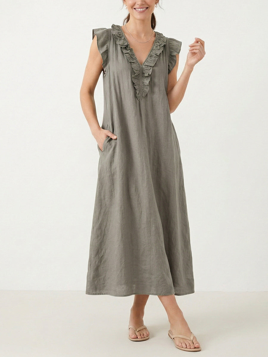 Women's Solid Color Ruffled Art Casual Fashion Cozy Cotton Linen Dress