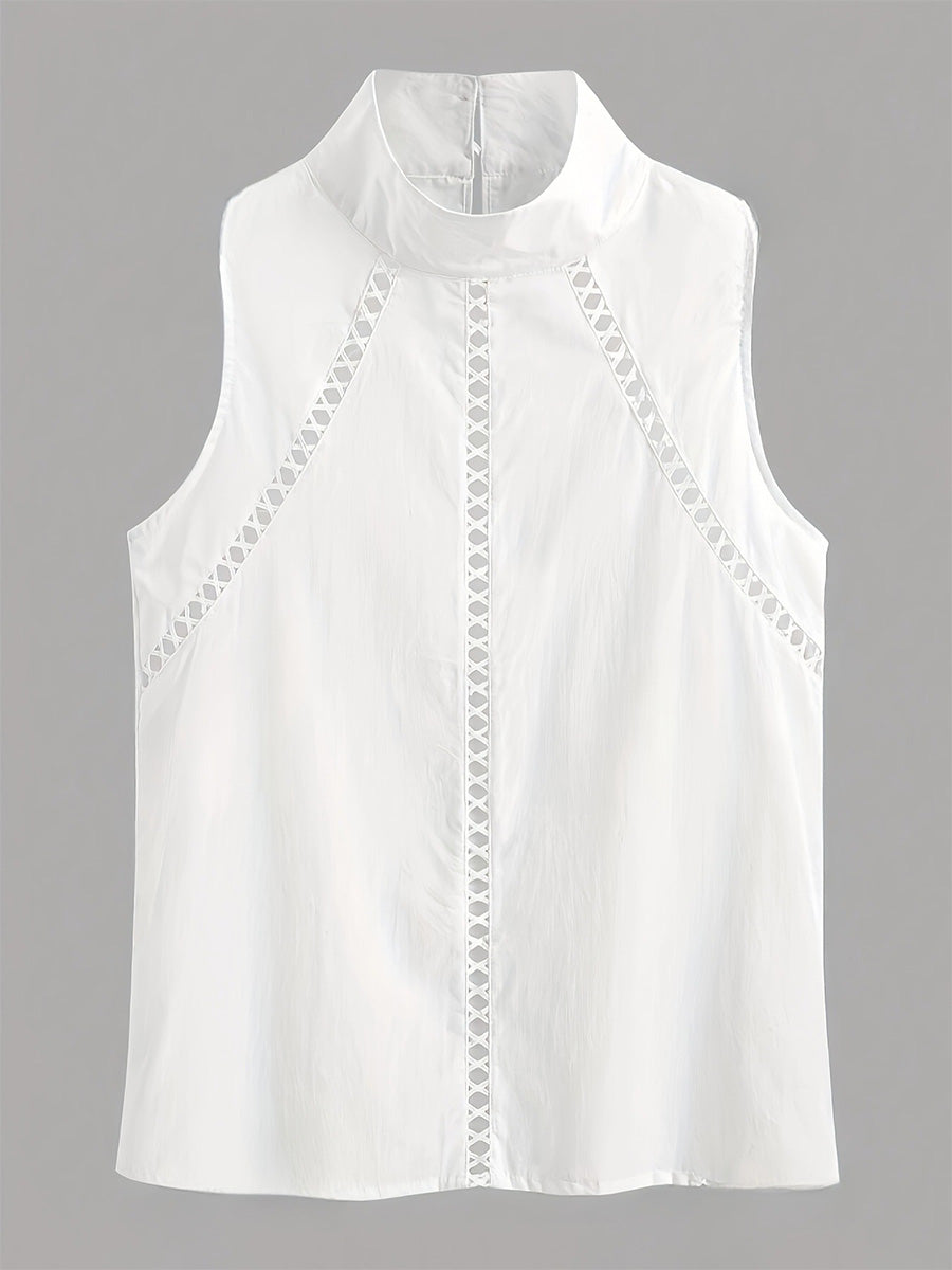 White Linen Cotton Sleeveless Blouse With Eyelet Cutout Details