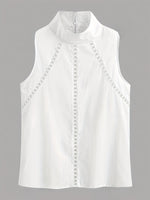 White Linen Cotton Sleeveless Blouse With Eyelet Cutout Details