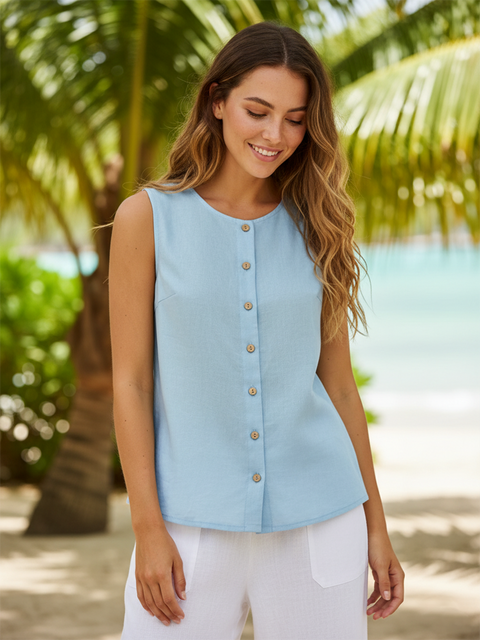 Linen Buttons Down Tank Top Blue / L