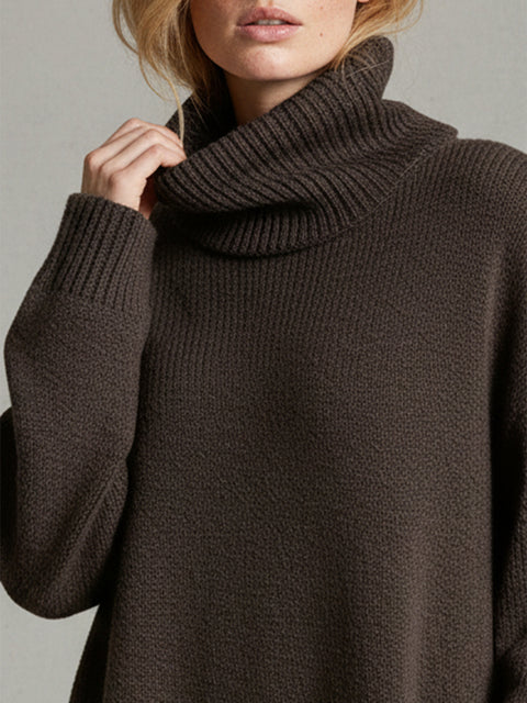 Women's Solid Color High-Neck Long-Sleeve Casual Loose Knit Dress