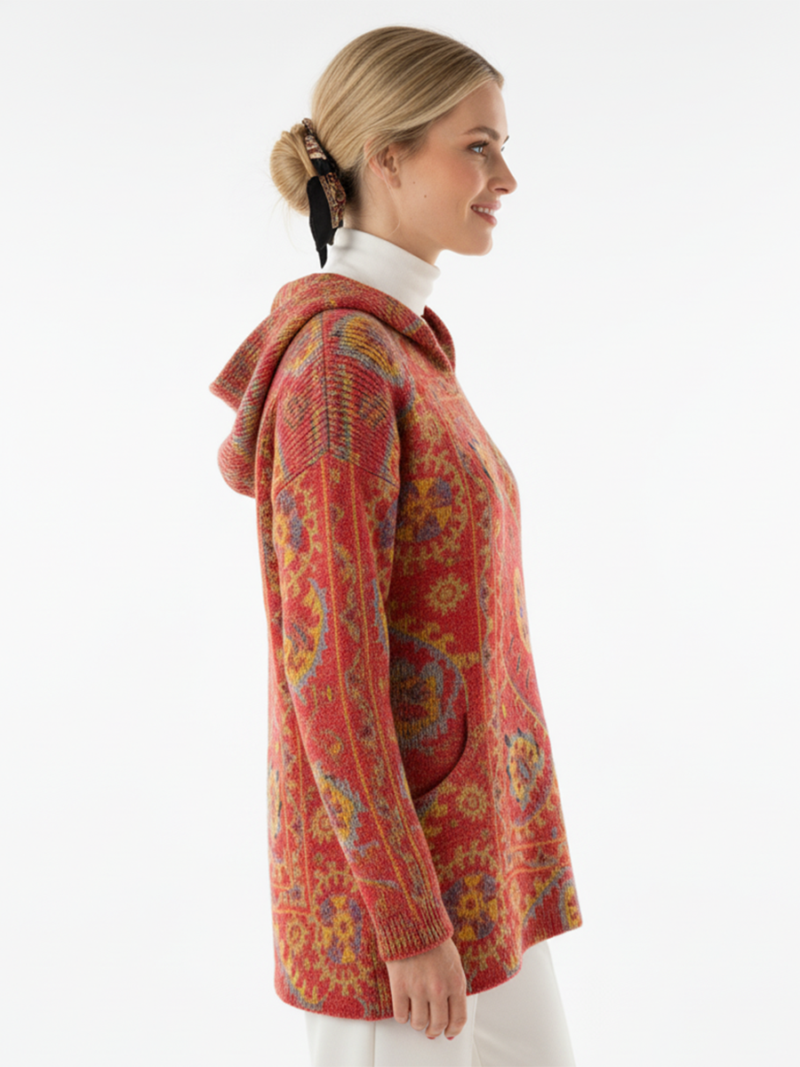 Women's Retro Ethnic Totem Art Print Casual Knitted Pocket Hooded Tunic Top