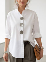Womens Elegant Stand-collar Metal Buttons Cotton Linen Blouse