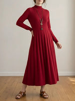 Womens Mid-Collar Loose-Fit A-Line Maxi Wool Dress with Knee-Length Hem