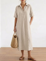Casual Polo Collar Linen And Cotton Short-sleeved Dress