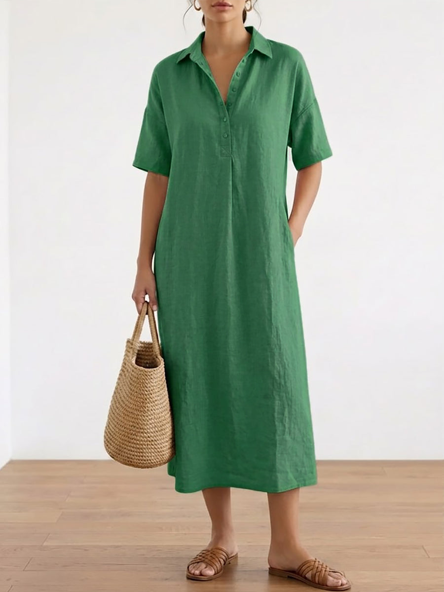 Casual Polo Collar Linen And Cotton Short-sleeved Dress