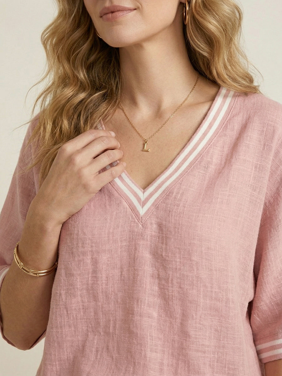 Casual Two-piece Set: Striped Linen & Cotton Patchwork Top And Striped Trousers