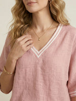 Casual Two-piece Set: Striped Linen & Cotton Patchwork Top And Striped Trousers
