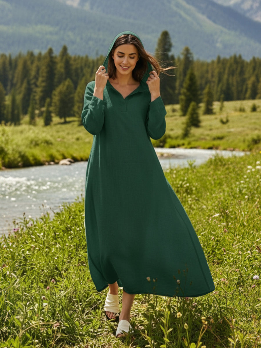 Linen Hooded Pullover Maxi Dress Green / S