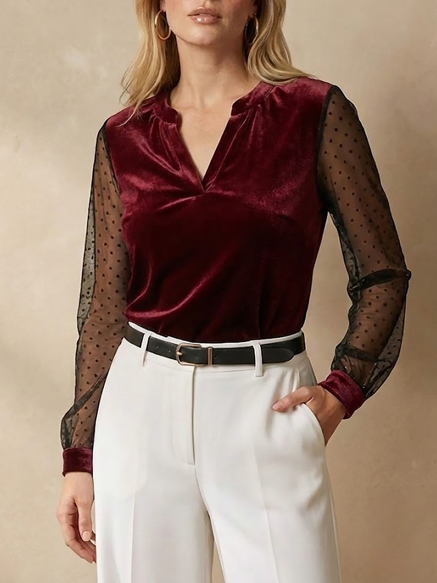 Women's V-Neck Lace-Panel Long-Sleeve Velvet Top