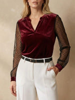 Women's V-Neck Lace-Panel Long-Sleeve Velvet Top