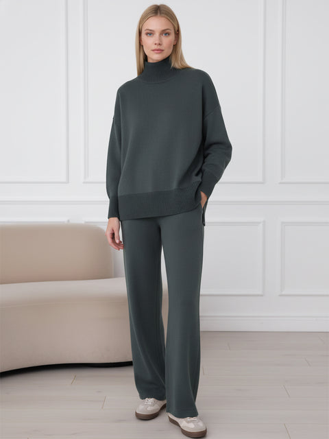 Casual Travel Stand Collar Side Zipper Top Straight Pants Two-Piece Set